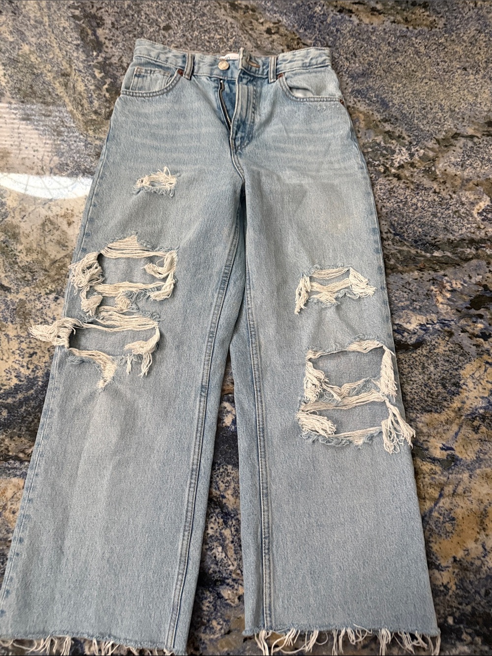 Zara Light Blue Distressed Wide-Leg Jeans